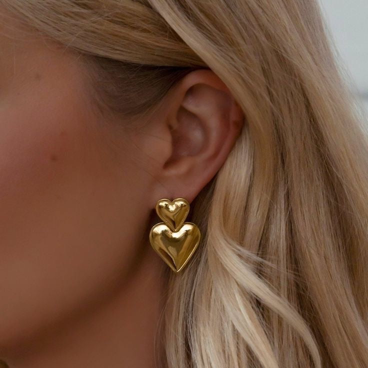 Double Heart Gold Earring