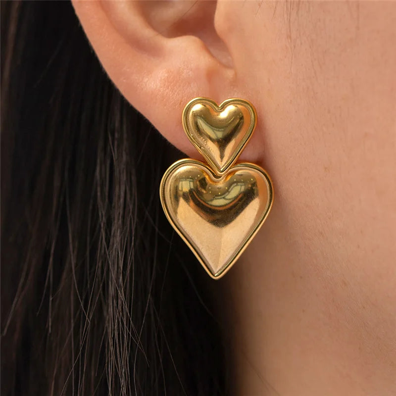 Double Heart Gold Earring